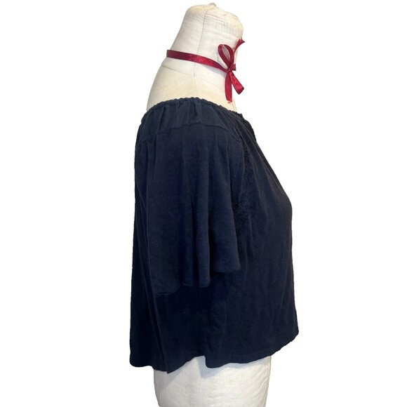 Forever 21 Navy Blue Flowy Shirt Size Small Embroidered Flowers Boho - Picture 3 of 9